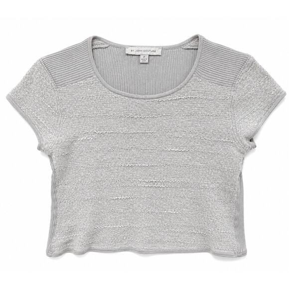 St John Couture Tops - St John Couture Gray Textured Knit Top P Silver Gray Boucle Cap Sleeve Sweater S